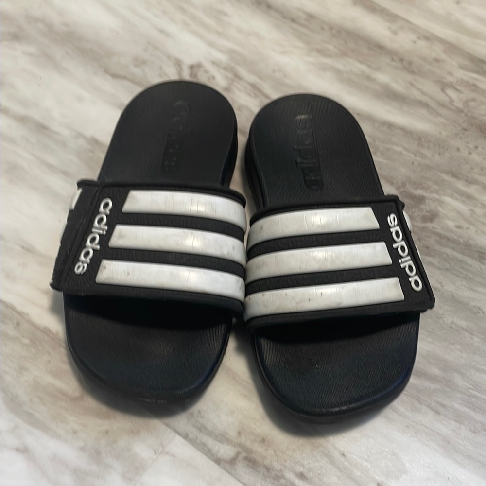 Adidas Black and White Sandals with Signature Stripes